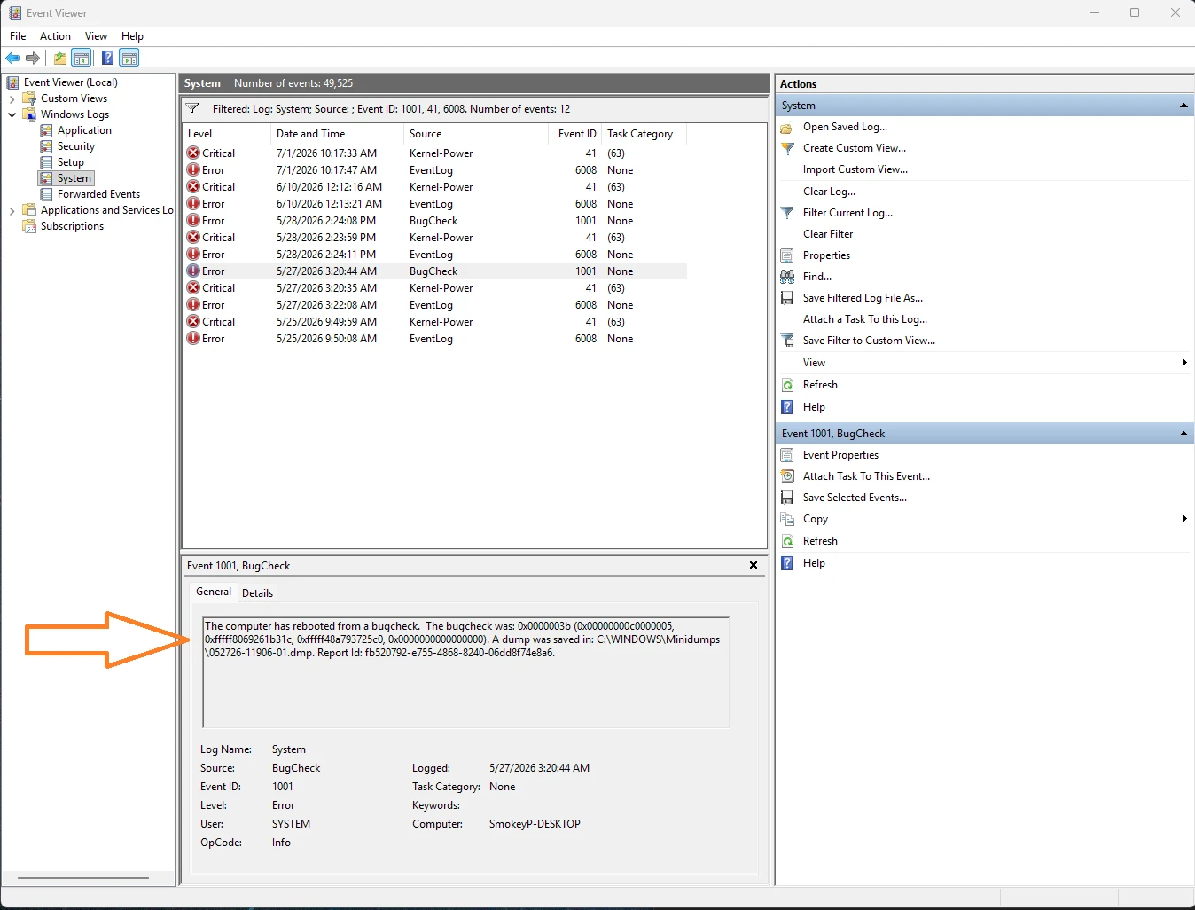Event Viewer with the System log filtered to Event IDs 1001, 41, and 6008, showing repeated Kernel-Power 41 and EventLog 6008 pairs, and an Event 1001 BugCheck entry whose text lists bugcheck 0x0000003b and the path to the saved minidump.