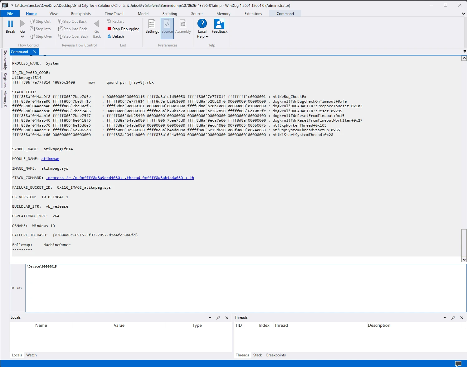 WinDbg analysis results showing STACK_TEXT with a chain of dxgkrnl TDR timeout calls, SYMBOL_NAME and MODULE_NAME and IMAGE_NAME all pointing at atikmpag.sys, and FAILURE_BUCKET_ID 0x116_IMAGE_atikmpag.sys.